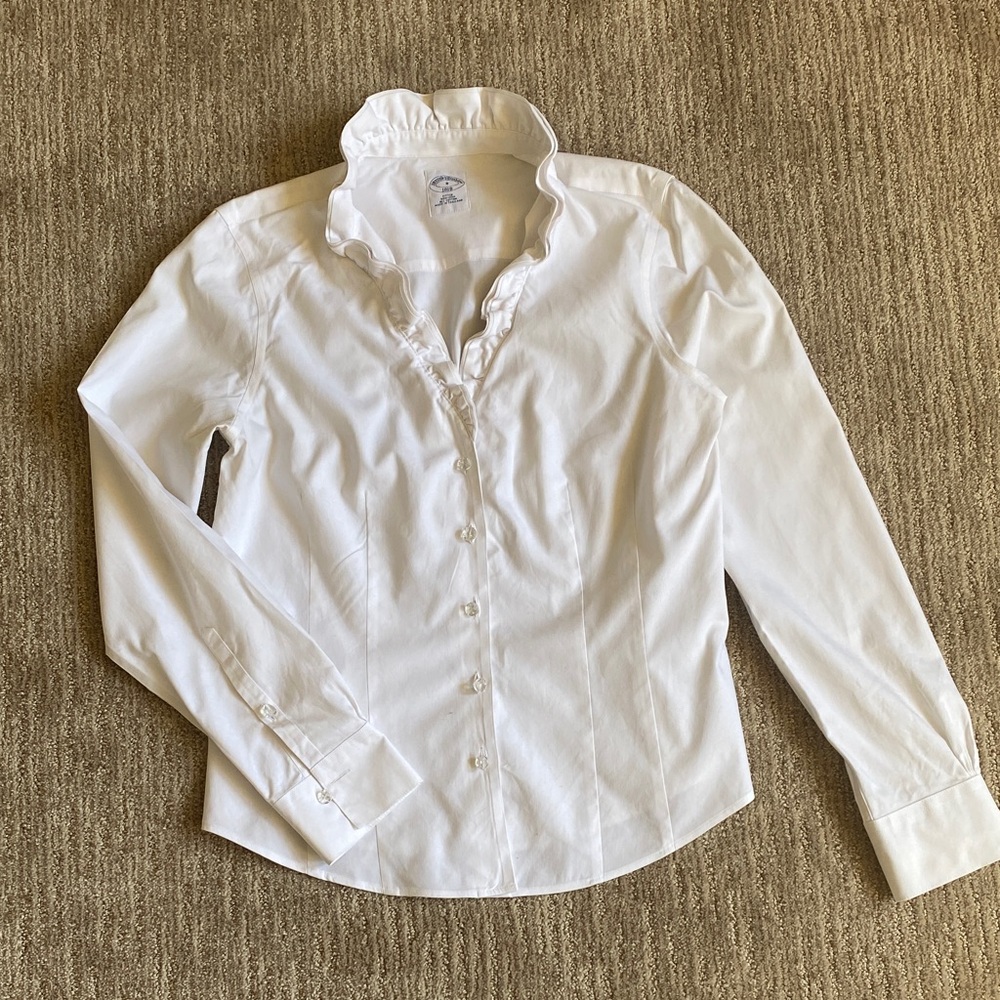 Brooks Brothers White Ruffled Collar Shirt with Crystal Buttons